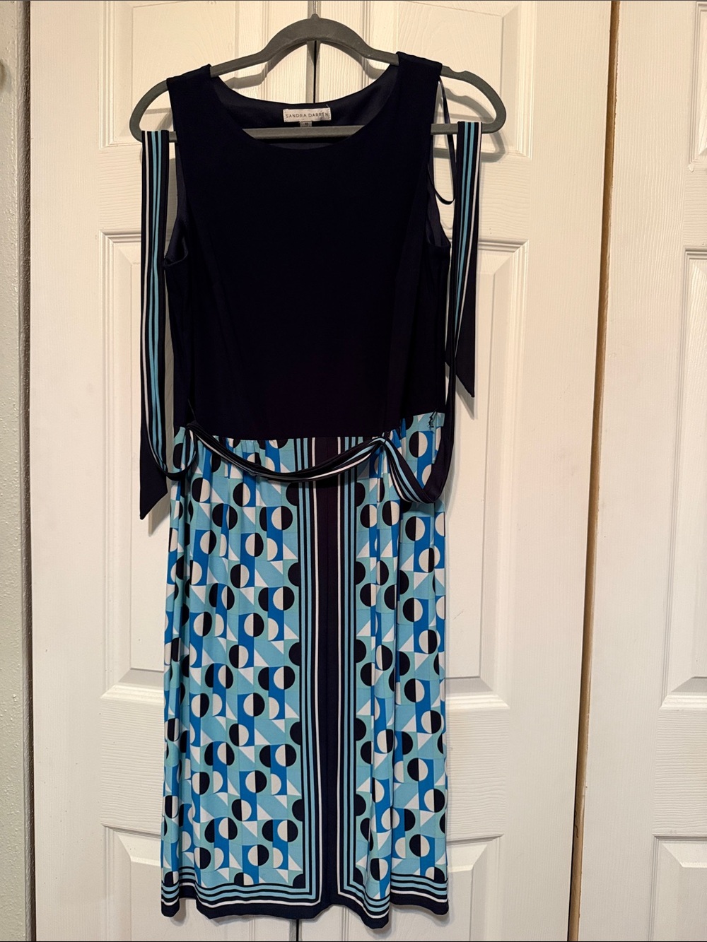 Sandra Darren Navy and Light Blue Geometric Midi Dress